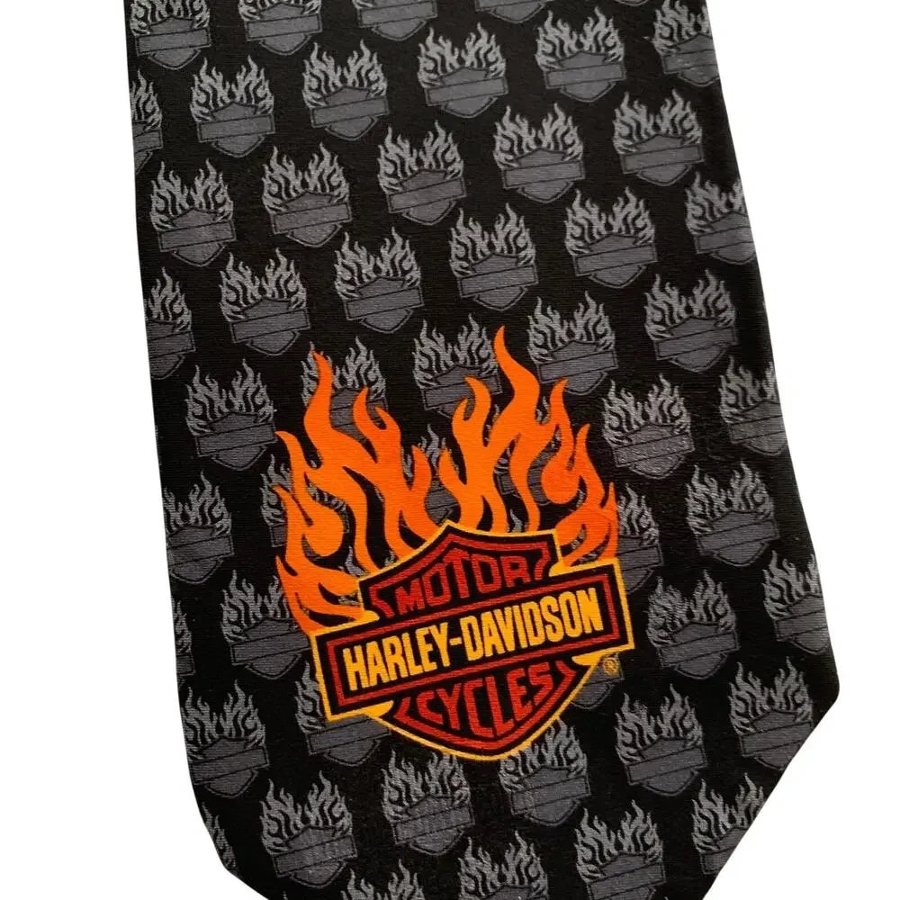 VTG 2004 Harley Davidson Ralph Marlin Neck Tie Tonal Flame Black Gray Logo Fire